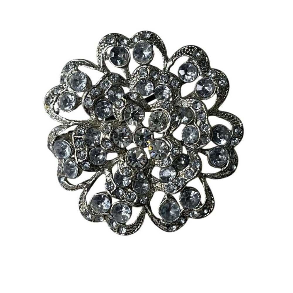 Vintage Silver Tone Rhinestone Floral Brooch Pin Womens Jewelry u